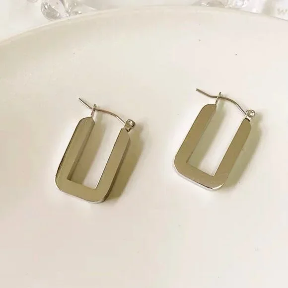 18k Gold Plated Thick Chunky Hollow Square Circle Geometric Gold Hoop Earrings - Picture 3 of 7